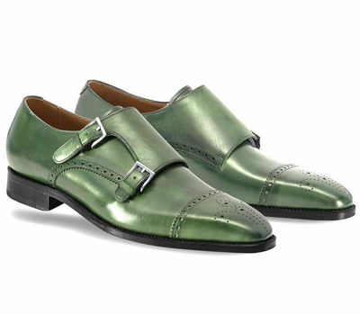 Green Tone Cap Toe Stylish Vintage Superior Leather Men Buckle Straps Monk Shoes