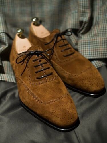 New Pure Handmade Suede Leather Dark Camel Brogue Shoes for Men's