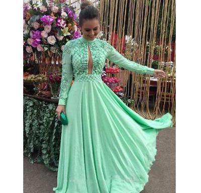 New Prom Dresses Elegant Green Chiffon Long Sleeve Muslim Lace Beading Evening Party Formal Gowns