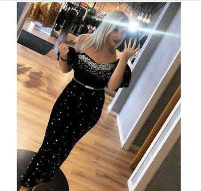 Black Long Evening Dresses Off Shoulder Short Sleeves Beaded Pearls Prom Dresses Cocktail Party Dresses Evening Gowns