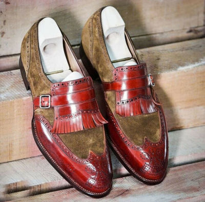 Two Tone Maroon Brown Single Monk Wing Tip Brogue Toe Fringe Suede Leather Shoes