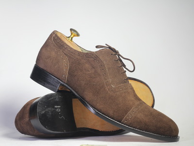Handmade Brown Cap Toe Lace Up Suede Shoes For Men's