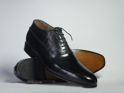 Handmade Black Brogue Lace Up Leather Shoes For Men's