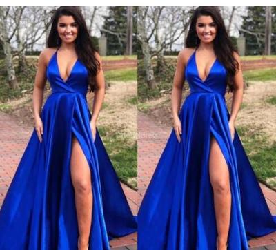 Royal Blue A Line Prom Dresses Long Deep V Neck Halter Neck Pleats Floor Length Formal Dress Evening Gowns Vestidos De Noiva ogstuff