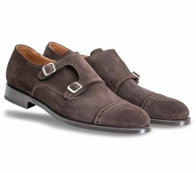 Men Brown Color Real Suede Leather Monk Double Buckle Strap Derby Cap Toe Shoes