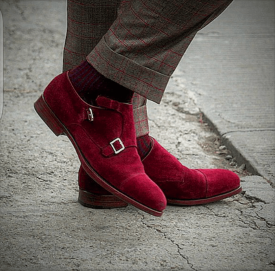 Handmade Men's Maroon Red Monk Double Buckle Strap Suede Leather Cap Toe Shoes