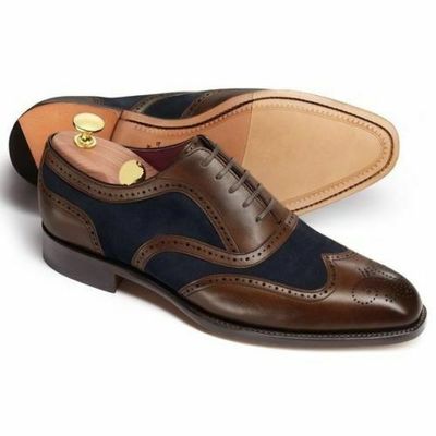 Handmade Men two tone brogue wing tip formal shoes, Men dress leather shoes