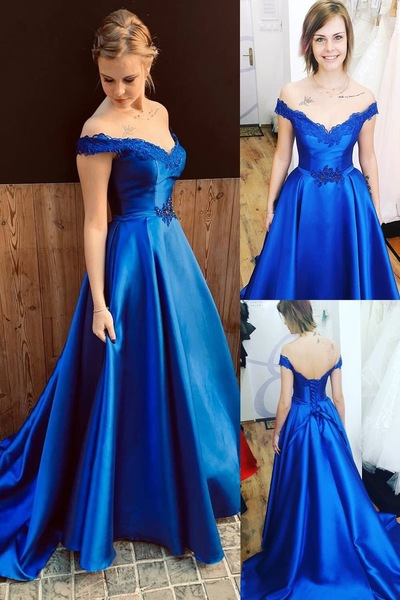 Off the Shoulder Royal Blue Prom Dresses with Appliques Lace
