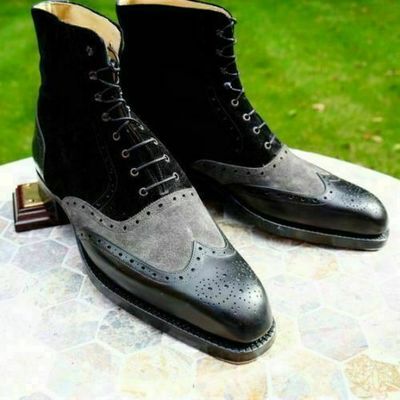 Handmade Men Black & Grey Lace Up Ankle High Boots, Suede & Leather, Welted Sole