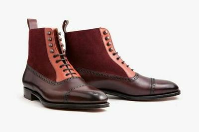 New Men Handmade Multi Color Cap Toe Leather and Suede Ankle High lace Up Boots