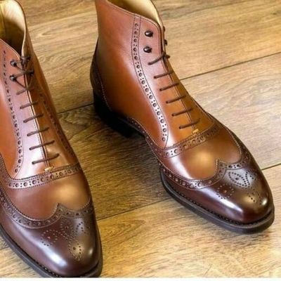 Handmade Brown High Ankle Rounded Wingtip Genuine Leather Lace up Boots for Men