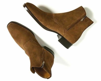 Handmade Men's Brown Monk Strep Zip Ankle Boot Ankle High Suede Leather Shoes
