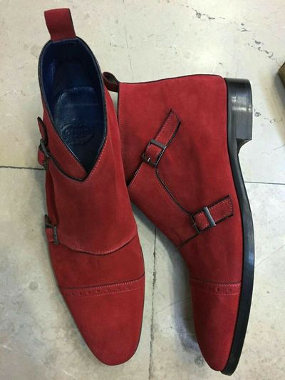 MEN'S HANDMADE DOUBLE MONK CHUKKA BOOTS MEN'S RED SUEDE LEATHER BOOTS