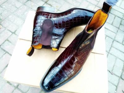 Handmade Chelsea Crocodile Texture Leather Ankle Boot, Formal Casual Men Boot