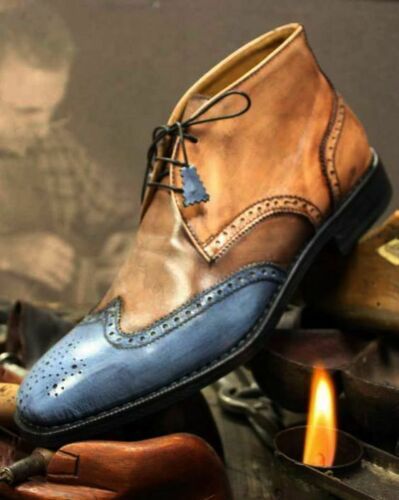 Mens Tan Blue Leather chukka boot, Mens lace up Ankle High boot