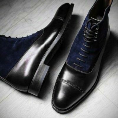 Mens Handmade Navy Blue Suede Black Cap Toe Ankle High Lace Up Formal Casual Cus