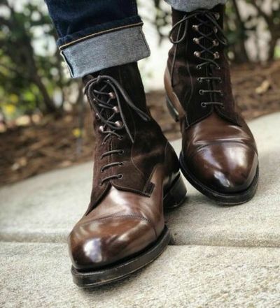 New Handmade Brown Suede & Leather Ankle Boots for Men's