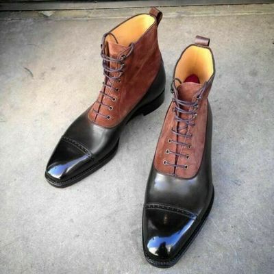 New Handmade Pure Maroon Suede & Black Leather Ankle Boots for Men's