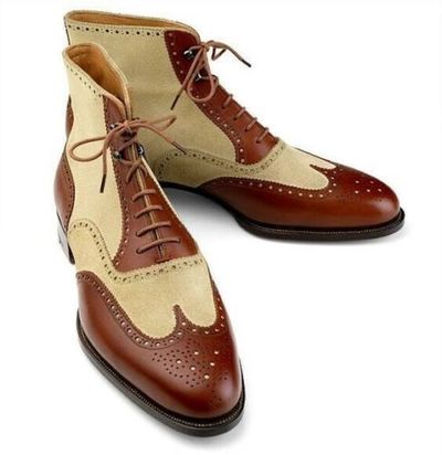 New Handmade Pure Beige Suede & Dark Tan Leather Ankle Boots for Men's