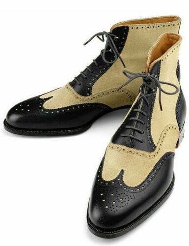 NEW-Handmade Men Wing Tip Ankle High Boots Two Tone Leather & Suede Brogue Boots