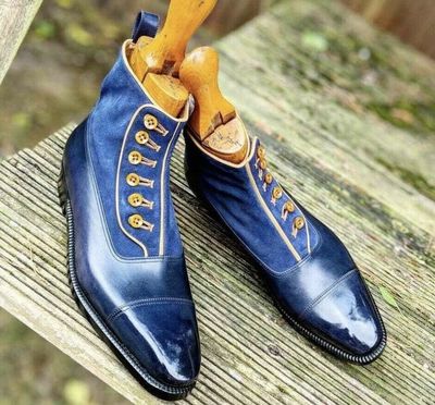 New Handmade Pure Blue Shaded Leather & Blue Suede Button Boots for Men's
