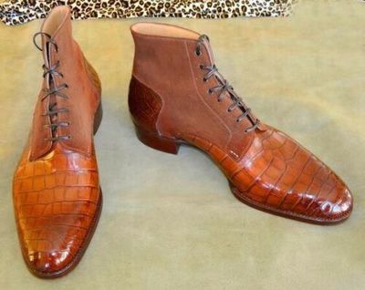 New Handmade Tan Suede & Crocodile Leather Ankle Boots for Men's