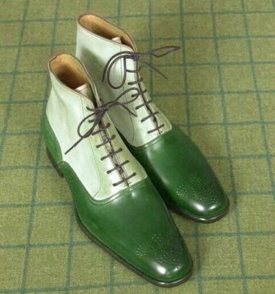 New Handmade Pure Green & Hash White Leather Ankle Boots for Men's