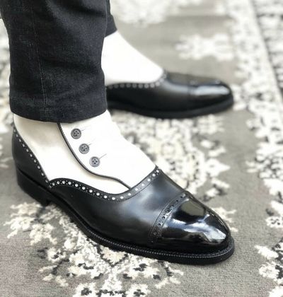 New Handmade Pure Black Leather & White Suede Button Boots for Men's