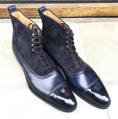 New Handmade Pure Dark Blue Suede & Leather Ankle Boots for Men's
