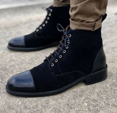 New Handmade Pure Black Suede & Black Leather Ankle Boots for Men's