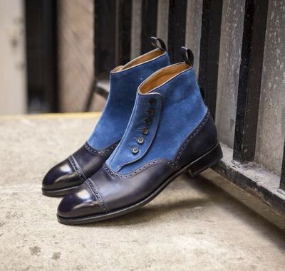 New Handmade Pure Dark Blue Shaded Leather & Blue Suede Button Boots for Men's