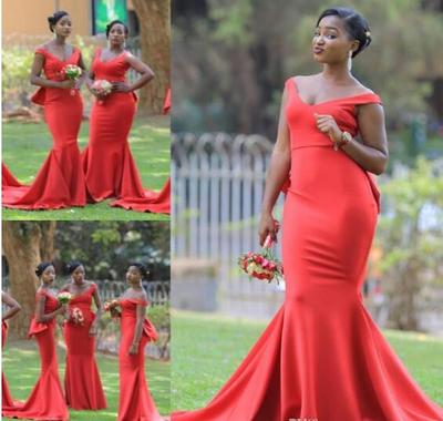 African V Neck Long Bridesmaid Dresses For Wedding Plus Size Mermaid Maid Of Honor Gowns Satin Sweep Train Women Formal