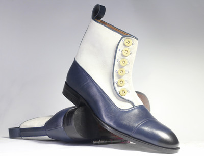 Handmade White & Blue Ankle High Button Top Leather Suede Boot