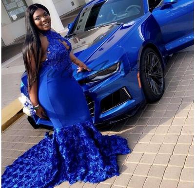 Royal Blue Prom Dresses New Sexy Sleeveless Mermaid African 3D Rose Floral Flowers Evening Gowns Sweep Train Halter Vestidos