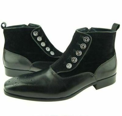 Handmade Men black Formal Boot, Men Button Up Boot, Suede and leather Ankle Boot
