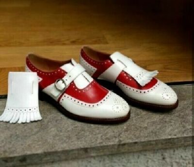 Red White Monk Single Buckle Strap Fringes Rounded Medallion Toe Leather Shoes