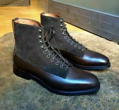 Handmade Leather Suede Boot Ankle High Dark Brown Gray Men's Lace Up Dress Boot