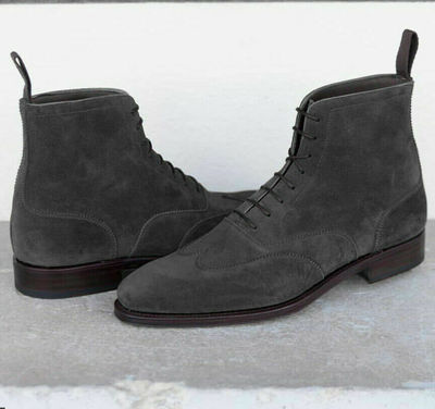 Handmade Men's Ankle High Gray Wing Tip Suede Lace Up Boots for Men's