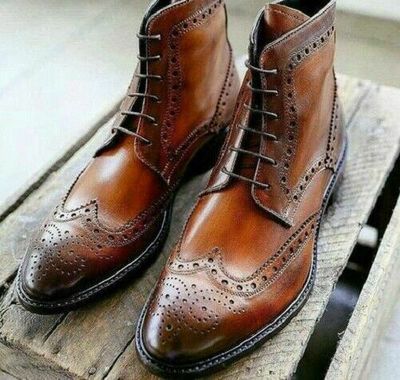 Handmade Men's Brown Leather Ankle High brogue Boots Custom Made Men Boots