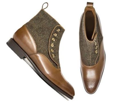 Men Brown Leather And Tweed Button Boots, Men Ankle Leather Button Boots