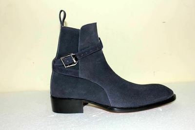 Men's Blue Handmade Suede leather Jodhpurs Ankle Boot Tan Ankle High Buckle Boot