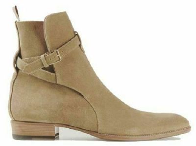 Top Men's Handmade Jodhpurs Ankle Boots Tan Ankle High Buckle Suede Leather Boot