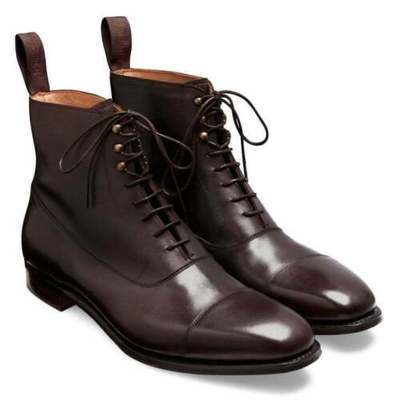 Handmade Men's Two Tone Dark Brown Leather Toe Caped Jodhpurs Lace Up Ankle Boot