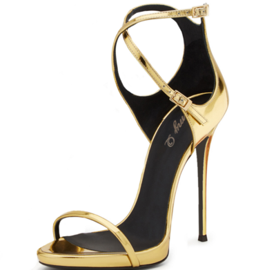 Women's Golden Patent Leather Bag With Cross Buckle High Heel Sandals G6685