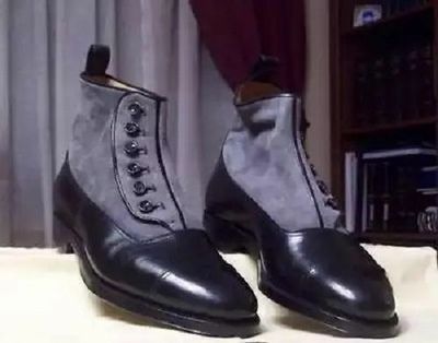 Handmade formal Men button boot, Men black and gray ankle Cap toe leather boot
