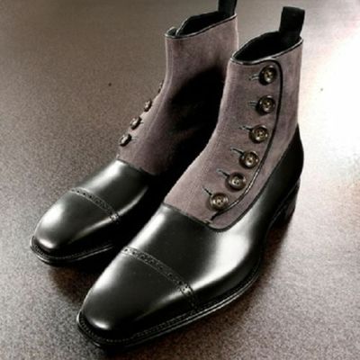 Handmade Men Two Tone Formal Boot, Men Button Up Boot, Cap Toe Ankle Boot