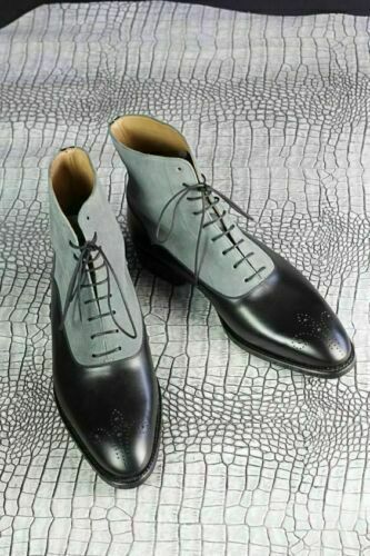 Handmade Men's Two Tone Suede & Leather Boots, Men Black And Gray Boots
