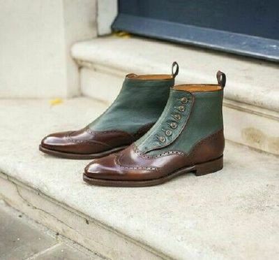 Handmade Button Boot brown and green leather boots, ankle high boots for men