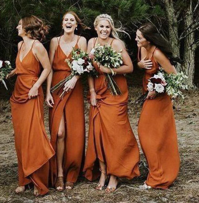 Spaghetti Straps V Neck Dark Orange Cheap Long Bridesmaid Dresses