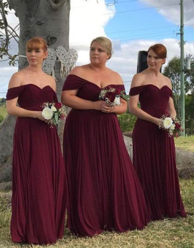 Off the Shoulder Sweetheart Burgundy Long Bridesmaid Dresses ,Prom Dress